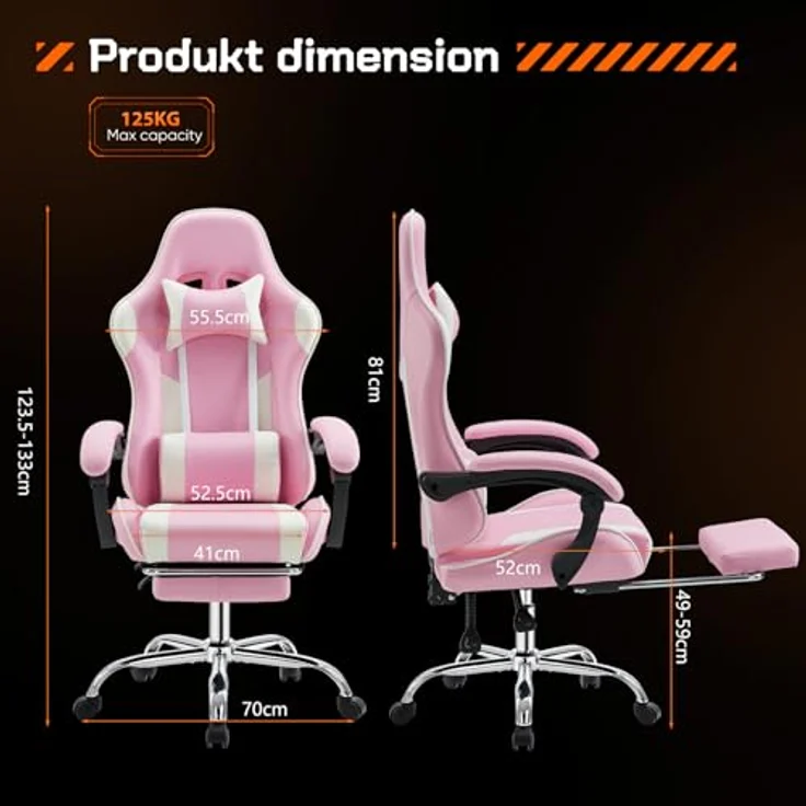 Sweetcrispy Videospiel-Schreibtischstuhl - Ergonomischer Computerstuhl mit Fußstütze und bequemer Lendenwirbelstütze, PU-Leder-Liegesessel mit Kopfstütze,rosa – Bild 4