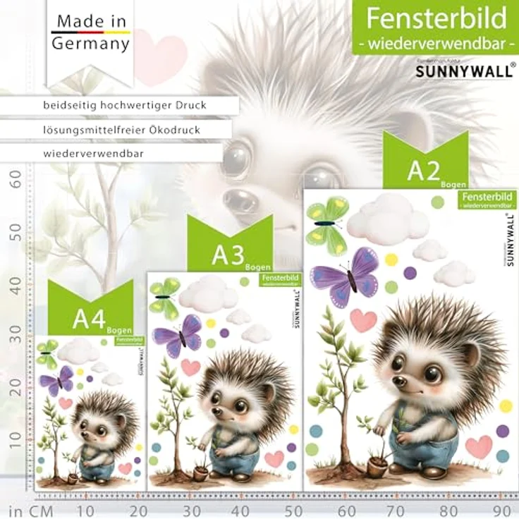 Sunnywall Fensterdekoration wiederverwendbares Fensterbild Igel Gärtner in Latzhose, wiederverwendbar, statisch haftend, beidseitiger Druck – Bild 5