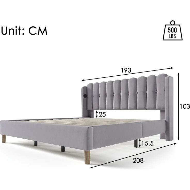 Einzelbett 180x200 cm Grau Leinen mit USB & Type-C Ladeanschluss,gepolstertes Kopfteil,Design-Paneel,stabiler Rahmen – Bild 7