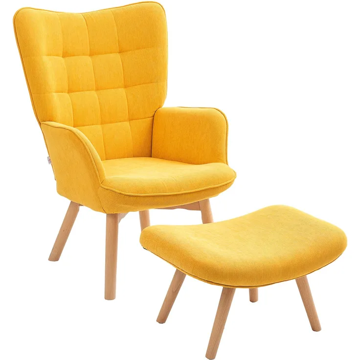 Ohrensessel mit Hocker, Relaxsessel, Polstersessel in Kordoptik, Loungesessel, Armlehnstuhl mit Holzbeine, Fernsehsessel für Wohnzimmer, Orange--Orange--72x80x101cm--YOUDENOVA