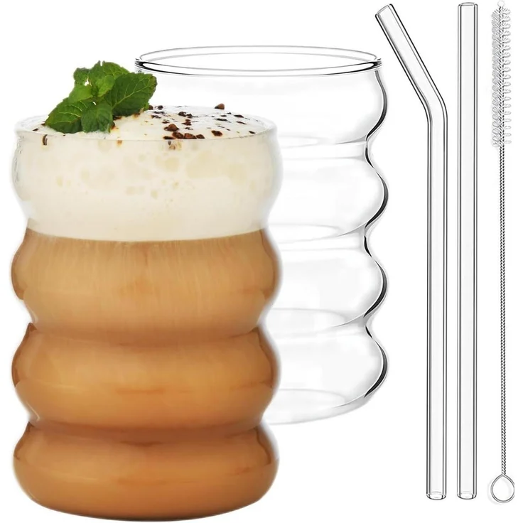 ALINK Plus Size Gerippte Trinkgläser 2er Set 530ml Glasstrohhalme Cocktail – Bild 1