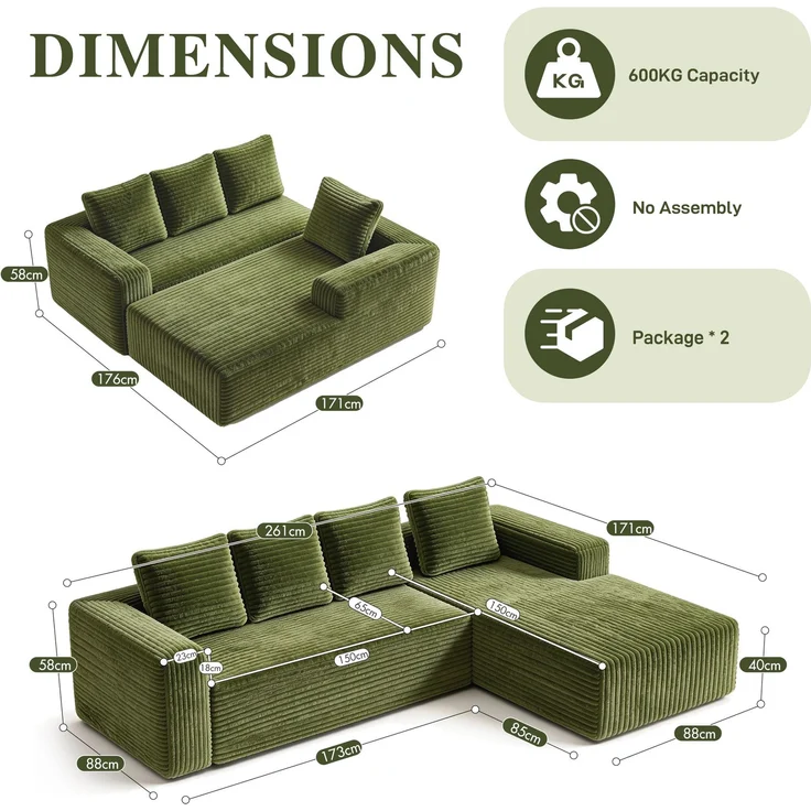 3-Sitzer Ecksofa B 261 x T 168 x H 58 cm aus grünem Cordstoff, modular – Bild 4