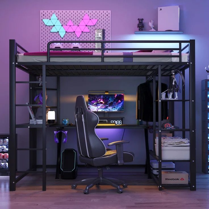 ZUBALIYA Metall-Hochbett mit Leiter 140x200 cm, Juniorbett Doppelbett mit Tisch mit einfachen Kleiderbügeln mit Ablagefächern, Schwarz – Bild 2