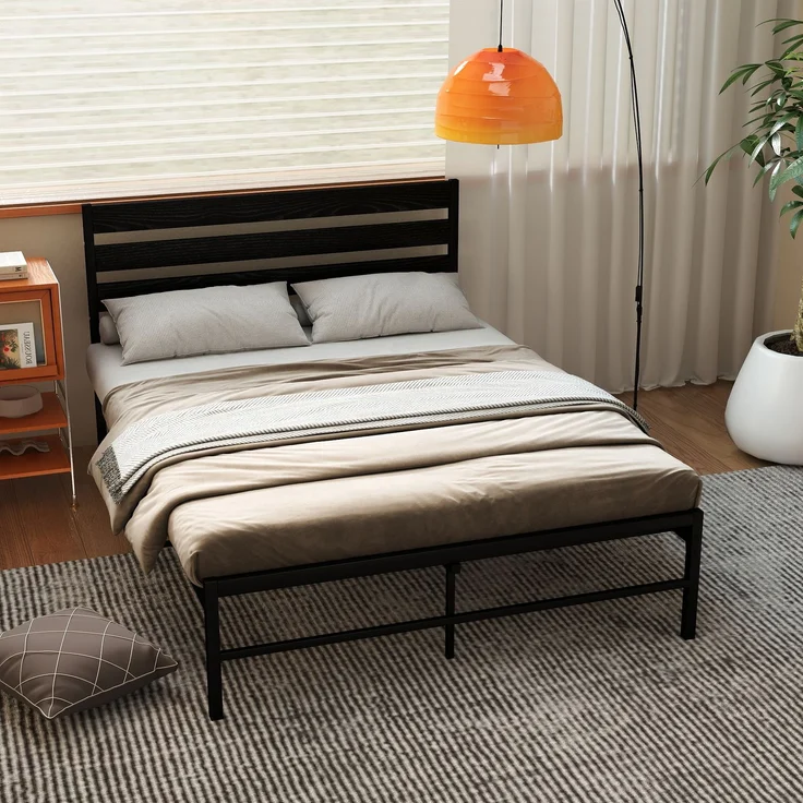 Doppelbett aus Metall mit MDF-Kopfteil, ohne Matratze, 140x200 cm, Schwarz – Bild 1
