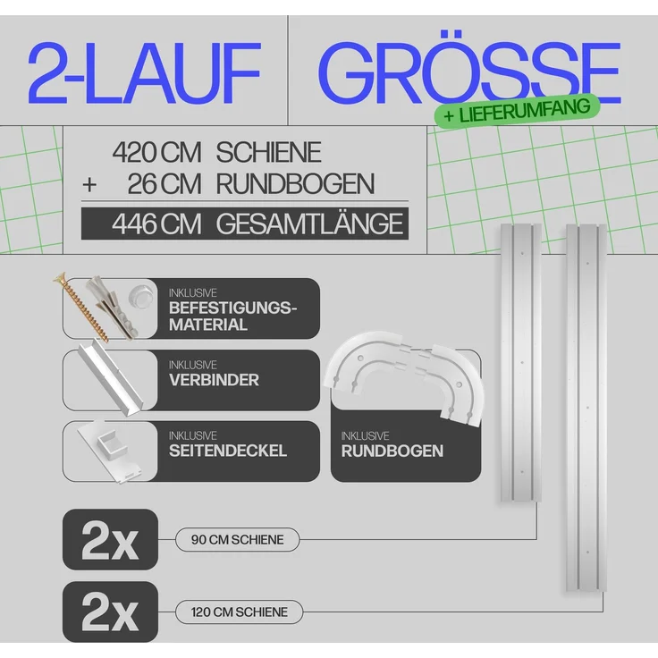 Bestlivings Gardinenschiene ( Weiß ) 420cm (2x90/2x120 cm) 2-läufig + 2er Set Rundbogen – Bild 3