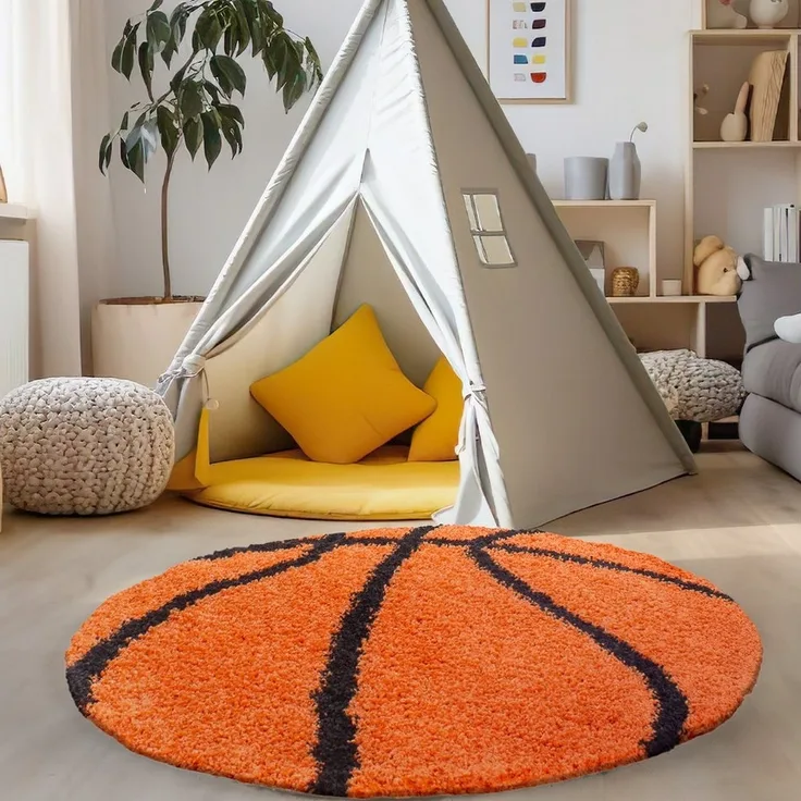 Carpettex Kinderteppich Basketball Design, Rund, Höhe: 30 mm, Kinder Teppich Fußball-Form Kinderzimmer versch. farben und größen