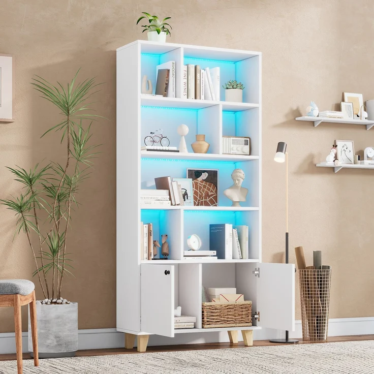 Flieks Bücherregal mit LED 80×30×173 cm, Standregal weiß, Regal mit Türen & offenen Fächern, Massivholzbeine, Fernbedienung – Bild 3