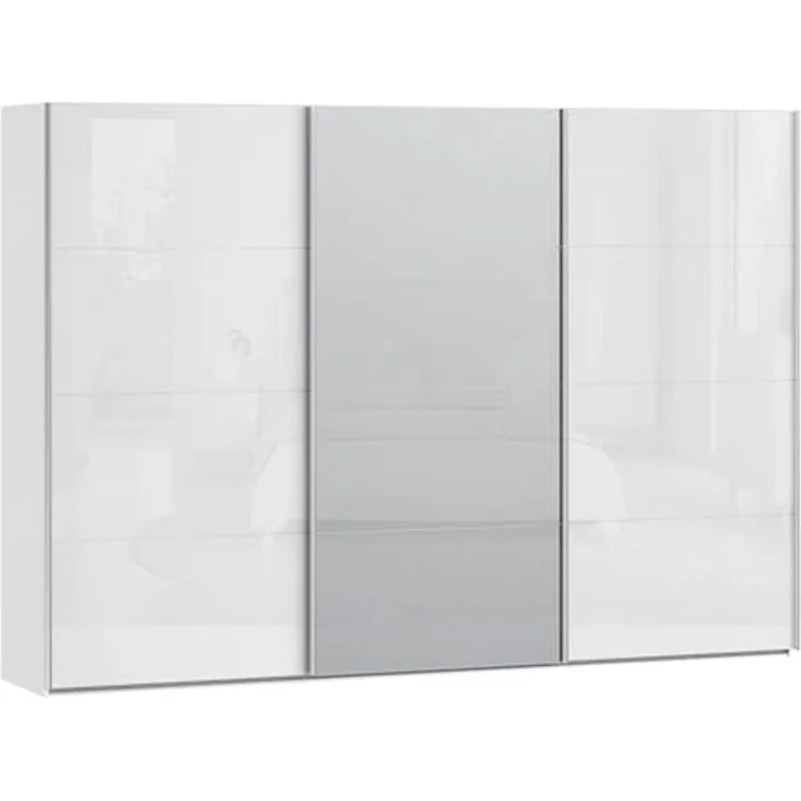 Forte SOPHISTISPACE Kleiderschrank 300, moderner Schwebetürenschrank, 3-türig, Einlegeböden, Kleiderstangen, Spiegel, Holzwerkstoff, Weiß/Weiß Glanz, 299,8 cm breit x 210,5 cm hoch x 62,9 cm tief