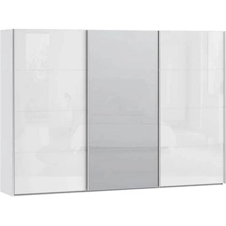 Forte SOPHISTISPACE Kleiderschrank 300, moderner Schwebetürenschrank, 3-türig, Einlegeböden, Kleiderstangen, Spiegel, Holzwerkstoff, Weiß/Weiß Glanz, 299,8 cm breit x 210,5 cm hoch x 62,9 cm tief – Bild 1