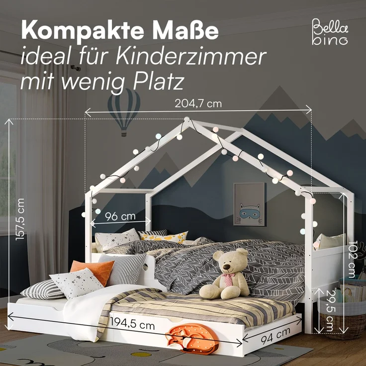 Bellabino 'Bela' Hausbett 90x200 cm mit Gästebett 90x190 cm und 2 Matratzen, weiß, Kiefer Massivholz, Montessori Kinderbett mit Ausziehbett, inkl. Rausfallschutz und Lattenrost – Bild 9