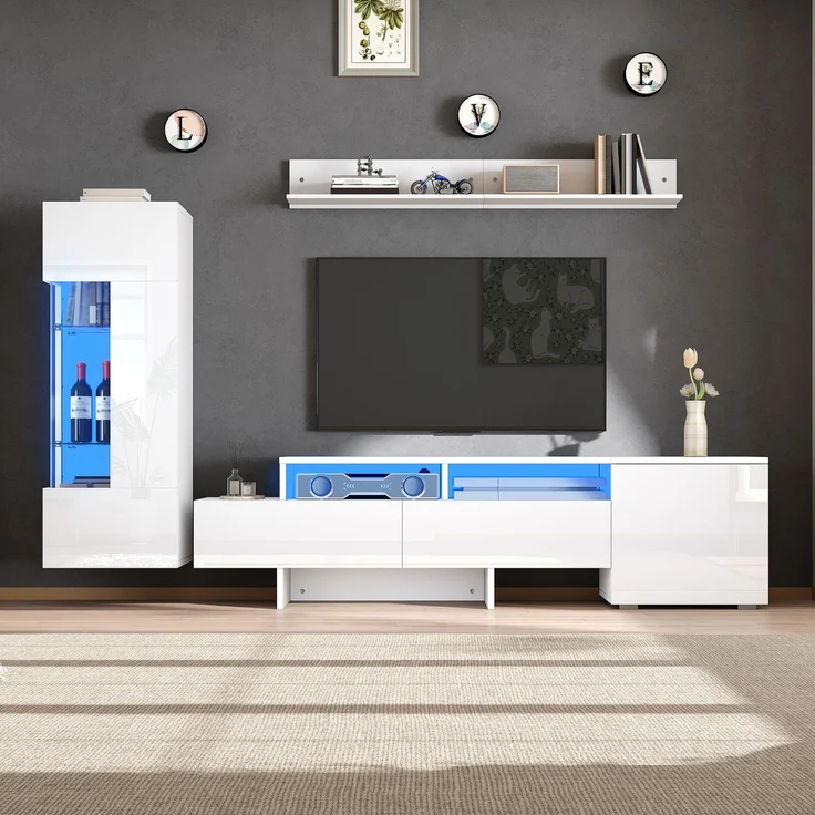 DESVIAE TV-Schrank-Set 3-tlg. mit LED-Beleuchtung 170x35x45 cm Spanplatte Weiß – Bild 1