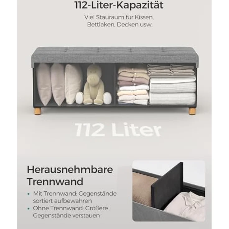 Songmics Sitzbank mit Stauraum, Schuhbank, klappbare Sitztruhe, Aufbewahrungsbox, Fußbank, 38 x 110 x 40 cm, für Wohnzimmer, Schlafzimmer, Aschgrau – Bild 6
