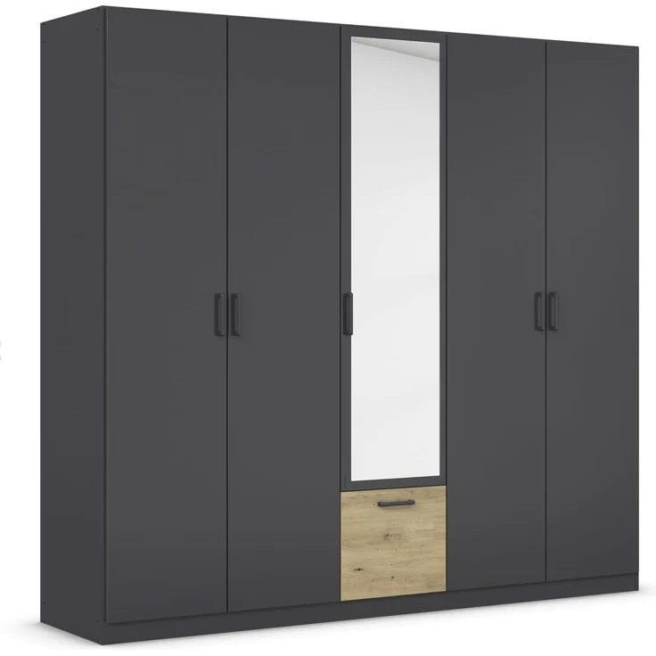 Rauch Möbel Bari, Drehtürenschrank, 5-türig, Kleiderschrank Grau-Metallic/Eiche Artisan, 1 Schublade, mit Spiegel, 226 x 210 x 54 cm