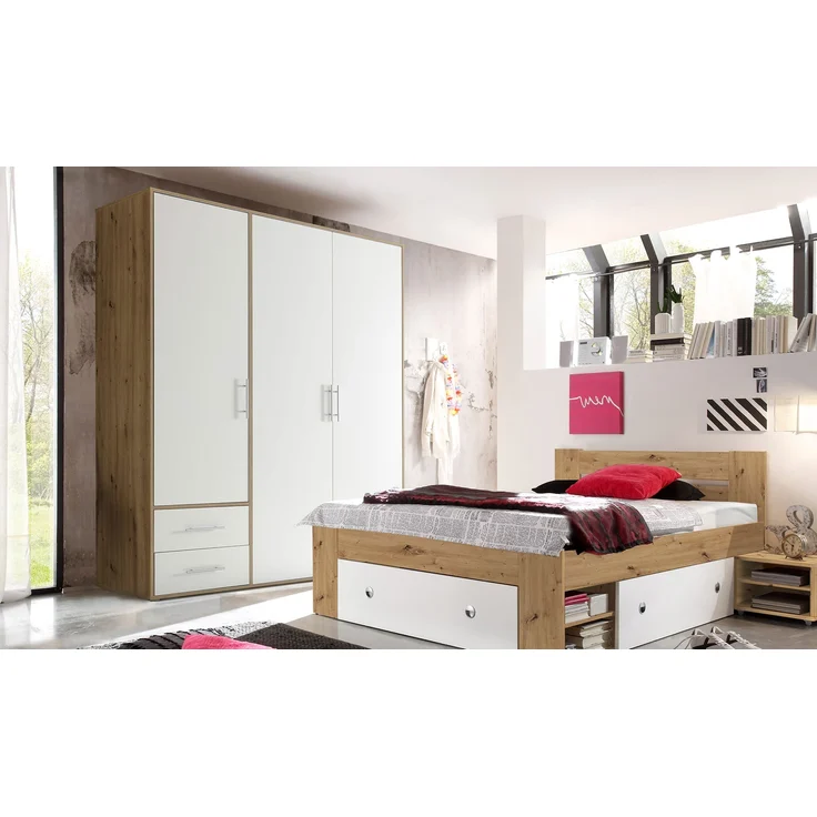 Drehtürenschrank Valderas / Valencia, Holzwerkstoff, Weiß, Holzfarben, 155 x 195 x 60 cm – Bild 6