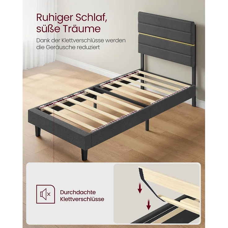 VASAGLE Bettgestell, Einzelbettgestell, passend für 90 x 200 cm Matratze, verstellbares gepolstertes Kopfteil, modern, grau – Bild 6