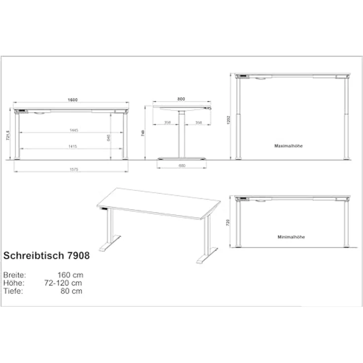 Germania Schreibtisch 7908-665, in Lindberg-Eiche-Nb./Schwarz, EL. höhenverstellbar, 160 x 120 x 80 cm (BxHxT) – Bild 4