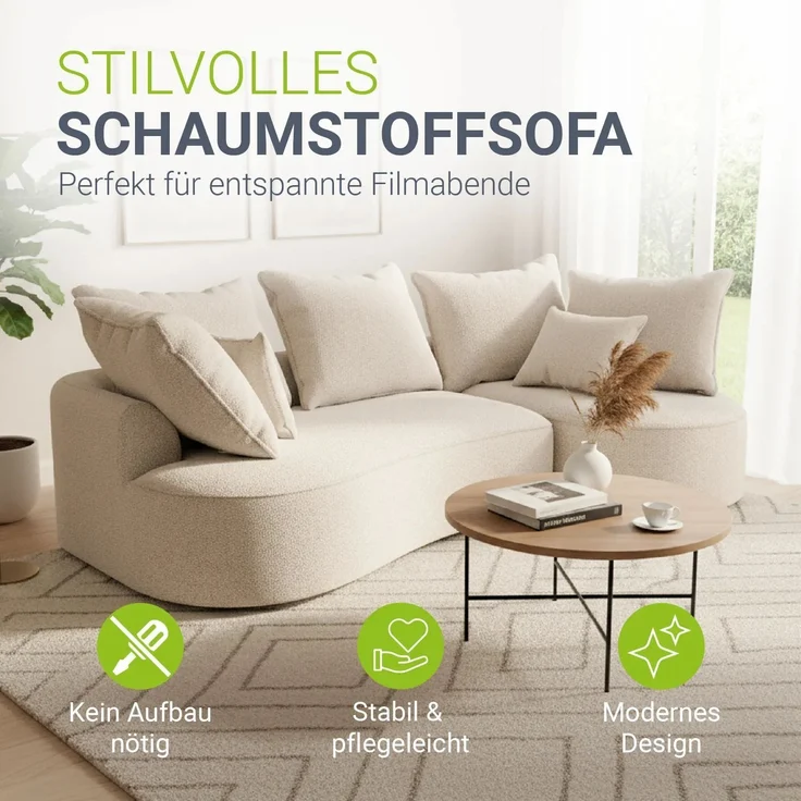 Juskys Sofa Tirano - Bouclé Creme , Ecksofa mit L-Form, mit Rücken- & Dekokissen, 4-Sitzer Eckcouch, Schaumstoff - Ottomane rechts – Bild 2