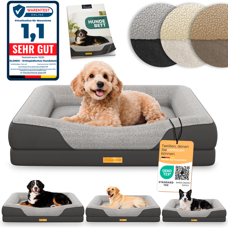 ELONEO Hundebett ELONEO - Orthopädisches Premium Hundebett, gelenkschonend, waschbar, Aus kuscheligem Sherpa-Fleece und strapazierfähigem Sofastoff
