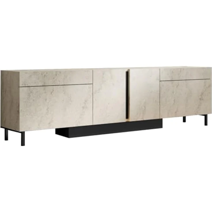 Moderner TV-Ständer mit LED-Beleuchtung, Travertin-Optik, 180 cm | 100% melaminbeschichtet, Metallbeine, RGB-Fernbedienung | Stilvolles und funktionales Design – Bild 1