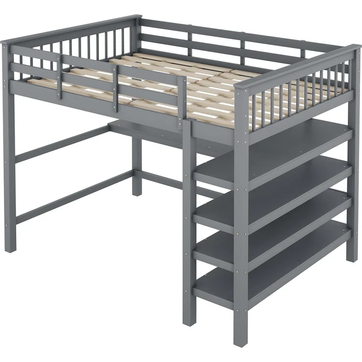 Hochbett 140x200 cm Kinderhochbett mit Schreibtisch, Ablagefächern, Kiefernholz + MDF, Grau, sichere Leiter – Bild 9