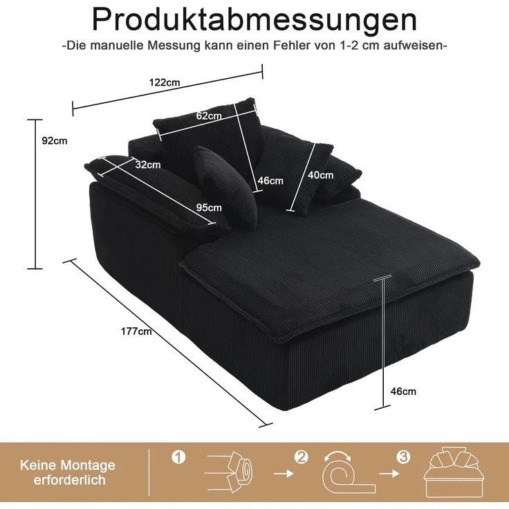 Großes Cord Sofa Cloud Form, rahmenloses Loungesofa,High-Density Schaum, kein Aufbau, 177x122 cm,ergonomisch,weich,Schwarz – Bild 10