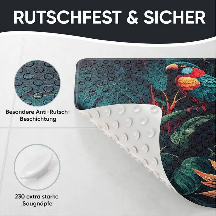 Sanilo Duschmatte, mit Motiv, rutschfest, waschbar, quadratisch, 230 extra starke Saugnäpfe, Kunststoff PVC, 53 x 53 cm, Exotic – Bild 4