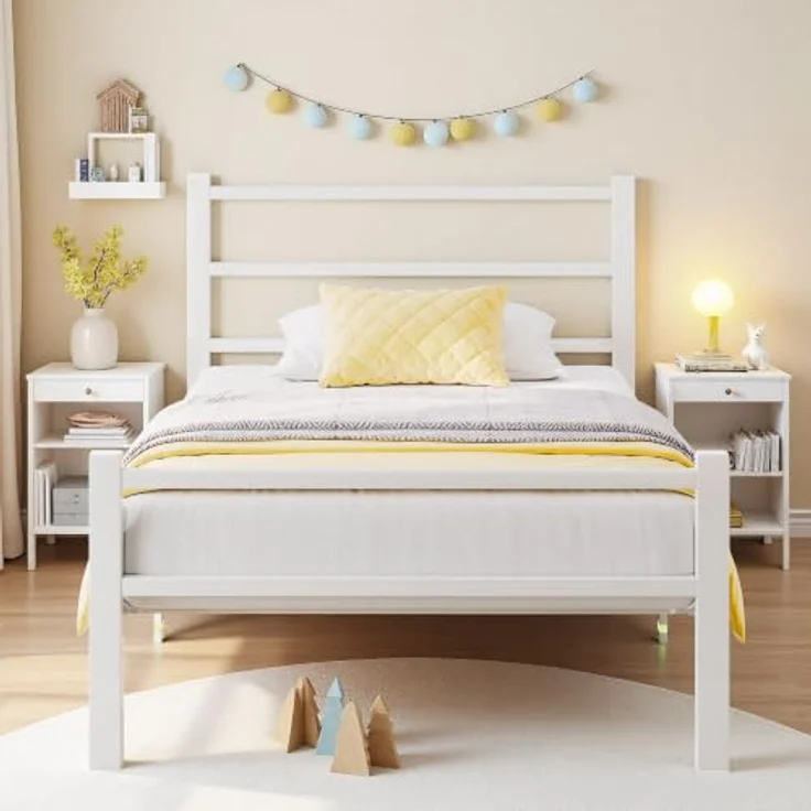 Feonase Einzelbettgestell aus Metall mit stilvollem Kopfteil und Fußteil, Einzelbettgestell, einfache Montage, reichlich Stauraum unter dem Bett (Weiß, 90x200 cm) – Bild 1