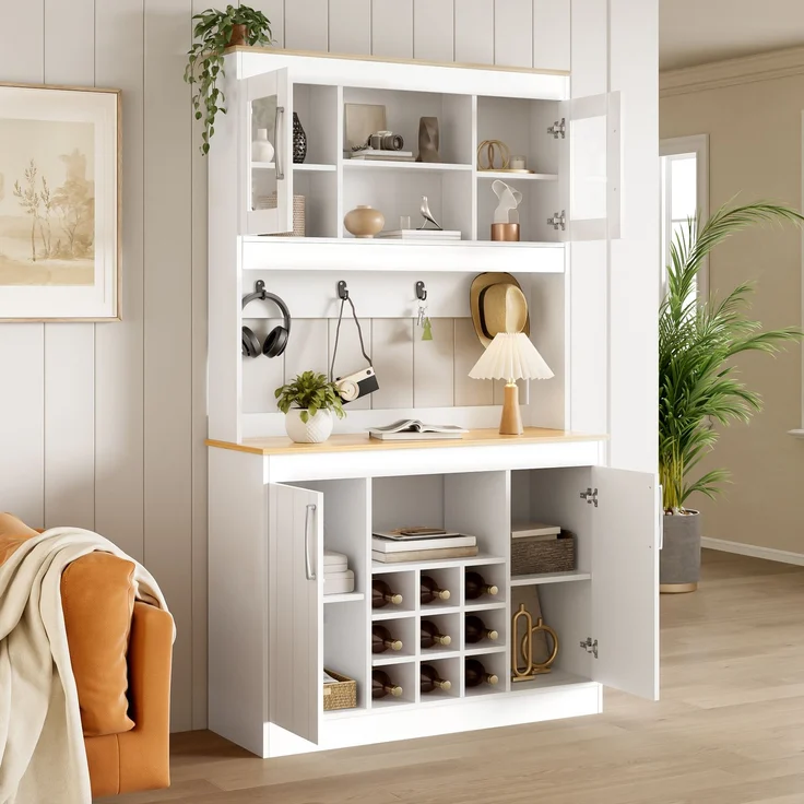 EINHOM Küchenbuffet Buffetschrank mit Aufsatz 175 cm, Küchenschrank mit Glastüren, Weinregal und Hakenleiste, Großer Geschirrschrank Vorratsschrank Küchenschrank für Küche Esszimmer Wohnzimmer – Bild 4