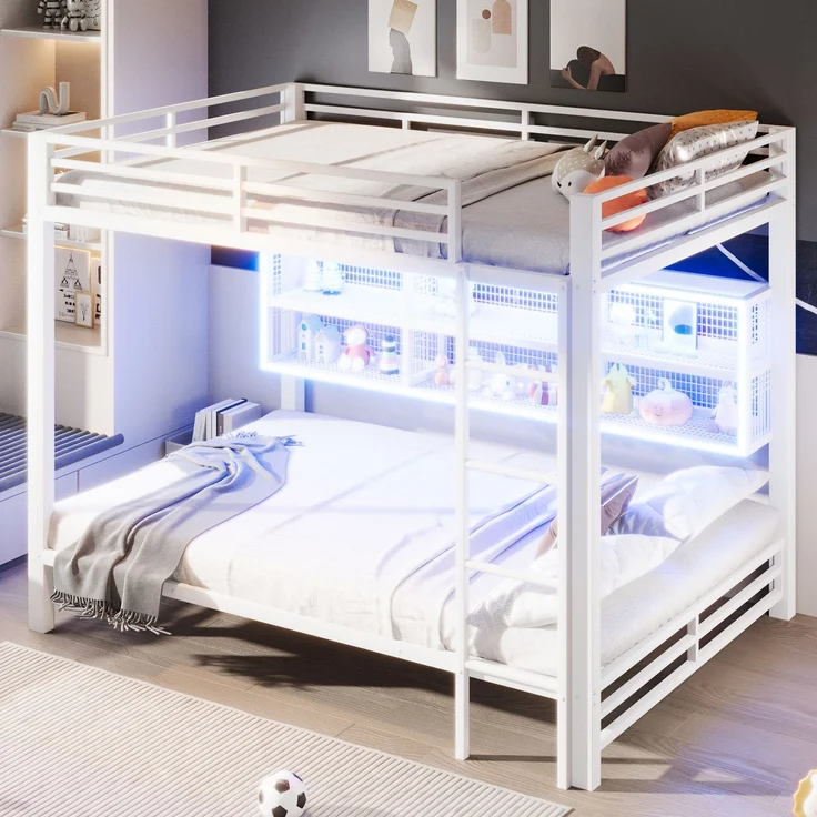 EINHOM 140 x 200 Cmetagenbett mit Stauraumschränken und LED-Licht, Doppelbett, Mit stabiler Leiter, Metall, mit Absturzsicherung, Weiß, Geeignet für Erwachsene und Jugendliche (Ohne Matratze) – Bild 4