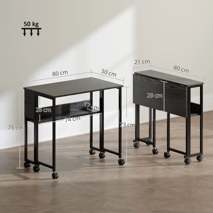 MELAYR, Klappbarer Schreibtisch auf Rollen, 80 x 50 cm, mit Ablage und Aufbewahrungstasche, Schwarz – Bild 5