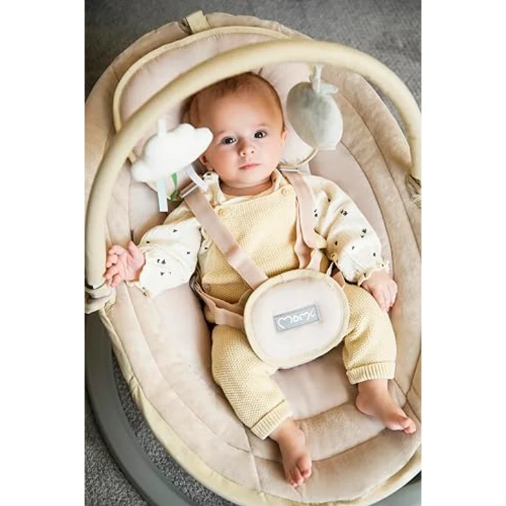 MoMi KENANI SAND Babywippe für Babys bis 9 kg, mit LED-Display, Fernbedienung & Bluetooth für Smartphone, Batterie- oder Stromanschluss, mit 5-Punkt-Sicherheitsgurt, Bügel und Spielzeug – Bild 20