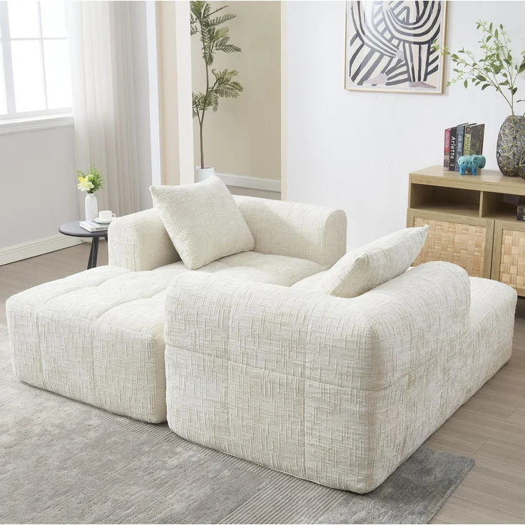 DESVIAE Sofa 3-Sitzer mit Chaiselongue und Seitentaschen, 250x60x158 cm, Chenille, Beige – Bild 3
