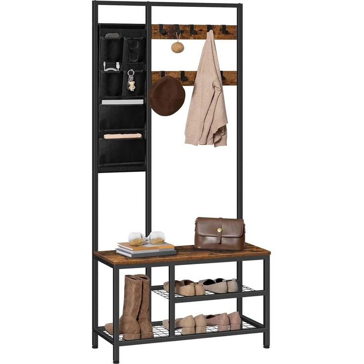 HOOBRO Garderobenständer, Garderobe, Kleiderständer mit 6 staschen und 9 Haken, Schuhregal mit Sitzfläche, Sitzbank, Viel Stauraum, für Flur, Wohnzimmer, vintagebraun-schwarz EBF24MT01 – Bild 9