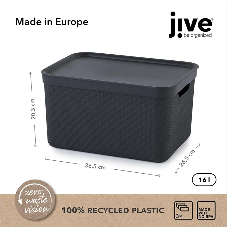 Jive Dekobox 3er- Set Aufbewahrungsbox 16l mit Deckel, Kunststoff (PP recycelt), dunkelgrau, 3x16l (37.5 x 27.8 x 29.8 cm), Anthrazit – Bild 9