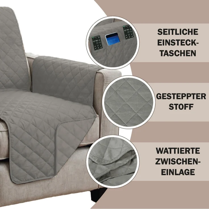 Sesselschoner ( Grau ) gesteppt - 190x165 cm - Sesselauflage mit Armlehnen und Taschen - Sesselüberwurf ÖKO-Tex Schoner für Sessel - Überwurf – Bild 4