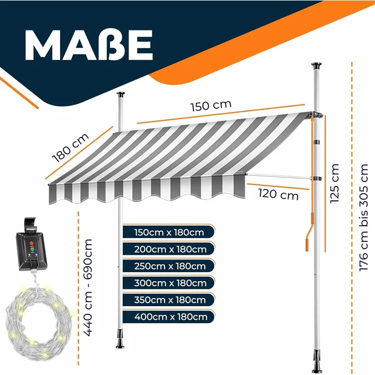 KESSER® Klemmmarkise mit Handkurbel & LED Lichterkette | Balkonmarkise ohne Bohren | Markise UV-beständig höhenverstellbar & wasserabweisend | Sonnenschutz für Balkon Terrasse & Garten Weiß / Grau, 400cm – Bild 2
