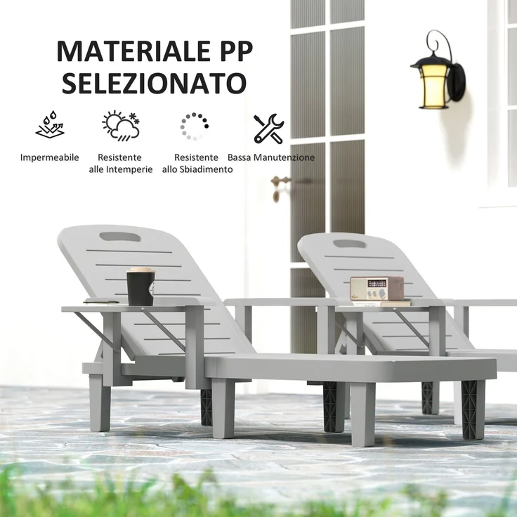 JARDJ Set aus 2 verstellbaren Gartenliegen mit Tisch und Armlehnen, aus Polypropylen, 79 x 158 x 88 cm, Hellgrau – Bild 8