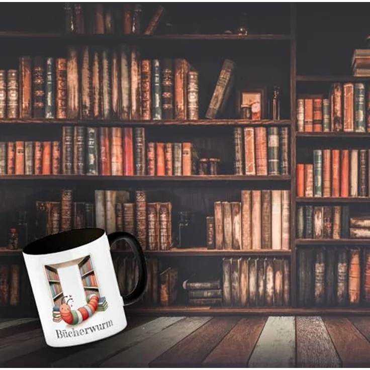speecheese Tasse Bücherwurm Kaffeebecher in schwarz mit Wurm in der Bibliothek – Bild 3
