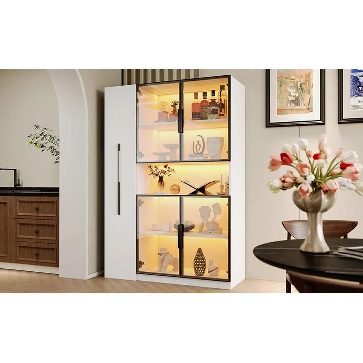 ZUBALIYA Glasvitrine110×35×160cm, weiß mit LED-Beleuchtung – mit ausziehbaren Regalen, vertikaler Vitrine mit Schubladen und vielseitigen Aufbewahrungsmöglichkeiten für Wohnzimmer, Küchen und Arbeitszimmer. – Bild 13