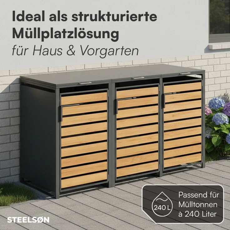 STEELSØN 'Kestra' Mülltonnenbox 3er je 240 Liter, anthrazit mit Holzoptik, Mülltonnenverkleidung aus Stahl, wetterfest, 116x80x203 cm, Müllbox für 3 Tonnen – Bild 3