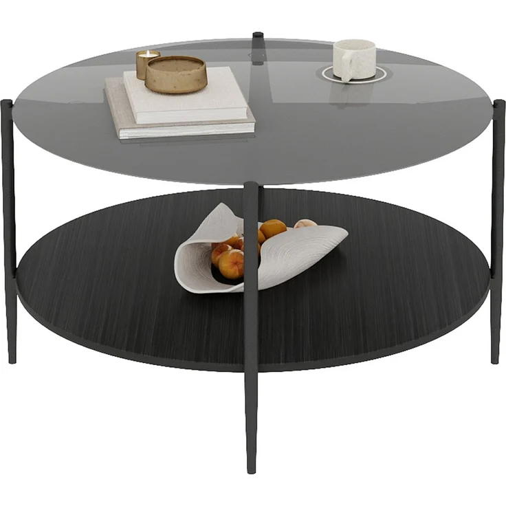 Couchtisch 82 x 82 x 45 cm, mit runder Tischplatte, mit Glastischplatte, aus Glas und Eisen und Holz, Schwarz – Bild 7