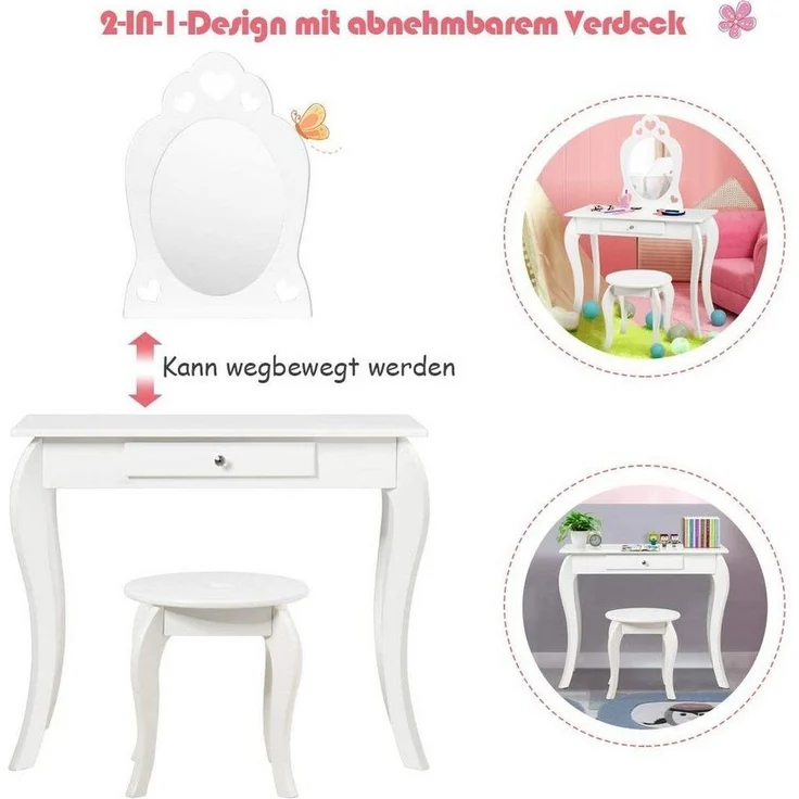COSTWAY Kinder Schminktisch, Make-up Tisch mit Hocker und abnehmbarem Spiegel, Frisierkommode Holz, Maedchen Frisiertisch mit Schublade 70 x 34 x 105 cm Weiss – Bild 3