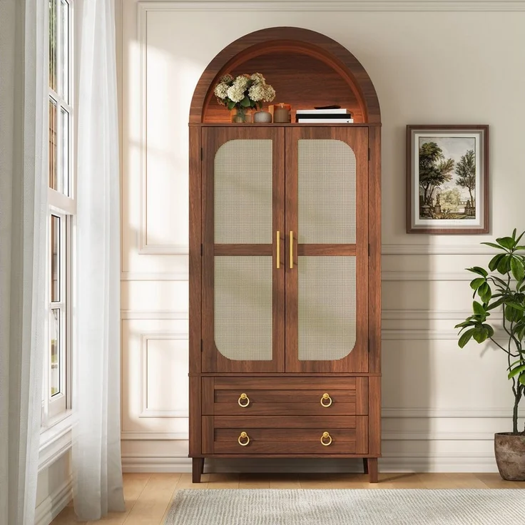 Merax Sideboard mit LED-Beleuchtung, Hochschrank mit Bogen-Nische & Rattan-Dekor (Aufbewahrungsschrank 76 x 40 x 179,5 cm, 1 St), Wohnzimmerschrank mit 2 Türen, 3 Einlegeböden & 2 Schubladen – Bild 3