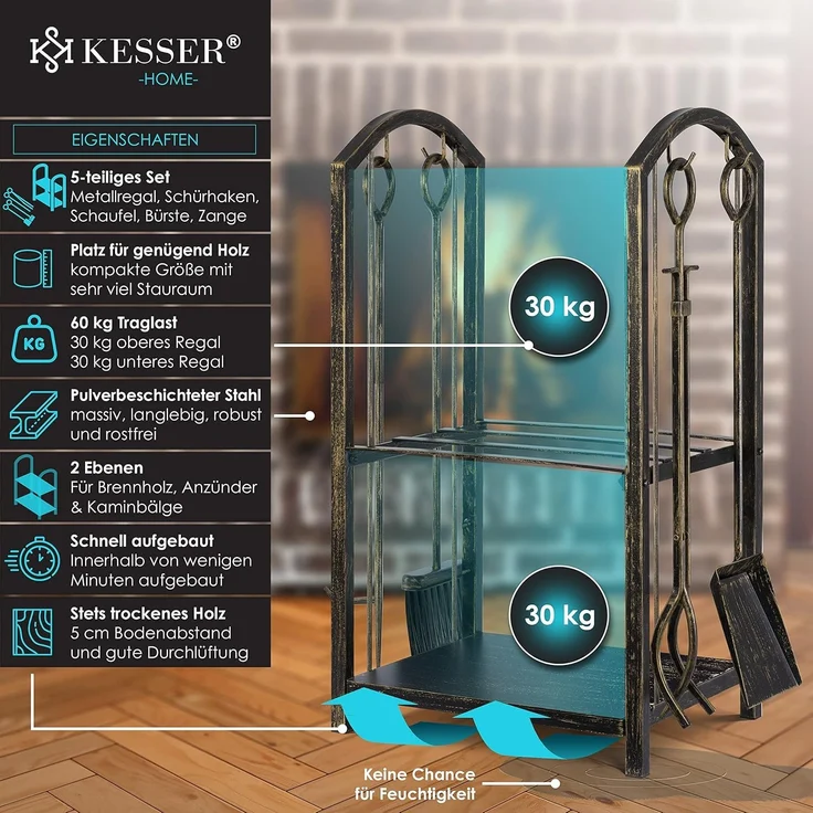 KESSER® Kaminholzregal 5-teiliges Set Kaminholzständer Feuerholzablage Brennholzregal Innen und Aussen Metall 2 Ebenen 4 Kaminwerkzeug für Kamin & Ofen, Stahl 40 x 30 x 74,5 cm Verstellbar Gold/Schwarz – Bild 2