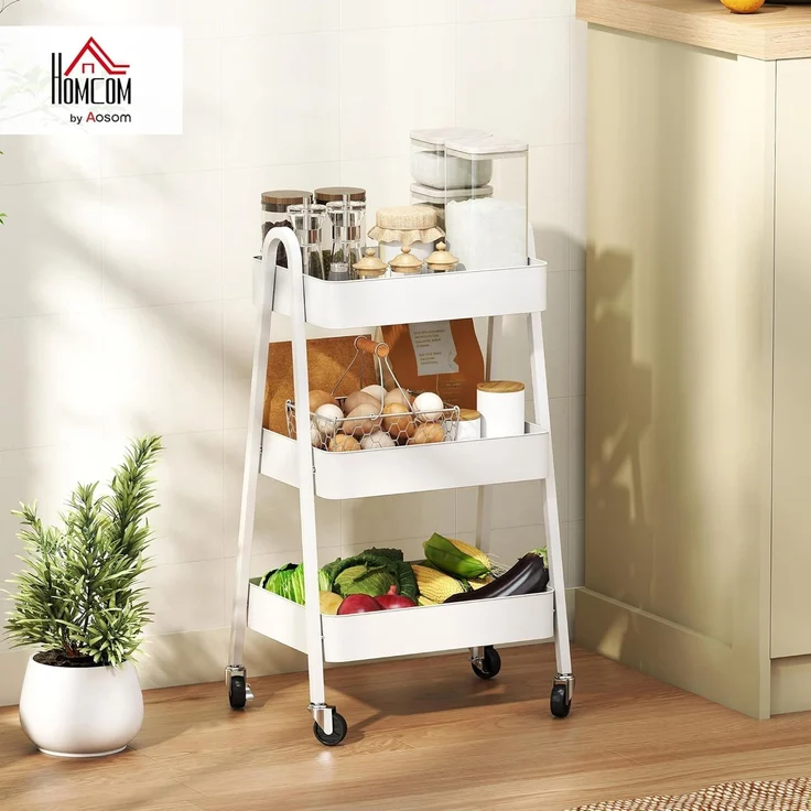 HOMCOM Servierwagen mit 3 Ebenen, Rollen, Griff, Bremse, (Aufbewahrungswagen, 1 St, Rollwagen), für Küche Büro Badezimmer, Weiß – Bild 2