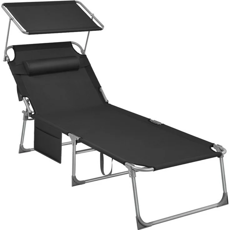 Songmics Gartenliege klappbar, mit Kopfstütze und verstellbarer Rückenlehne, 1x Sonnenliege, mit Seitentasche, Schwarz, 71 x 200 x 38 cm – Bild 4