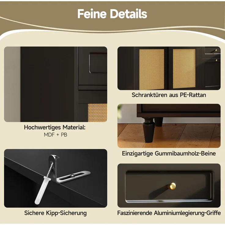 Küchenschrank, Hochschrank,Vitrinenschrank, Buffetschrank mit Verstellbaren Ablagen, Esszimmerschrank mit 3 Schubladen,Sideboard mit LED-Beleuchtung, PE-rattan, schwarz--Schwarz--120x45x195.5cm--YOUDENOVA – Bild 7