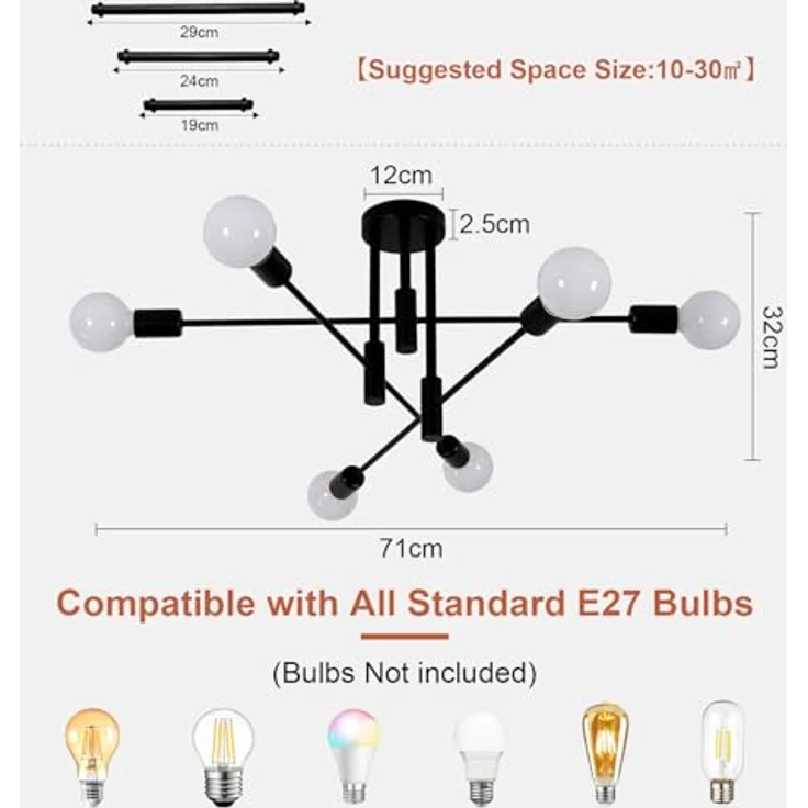 Goeco Deckenlampe Schwarz Vintage, 6 Flammig E27 Fassung Industrial Kronleuchter, Retro Deckenleuchte Sputnik für Schlafzimmer Küche Wohnzimmer, 70CM MAX. 60W (Glühbirnen Nicht Inbegriffen) – Bild 4