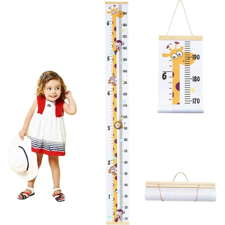 Surplex Messlatte Kinder Wachstum Messlatte Aufrollbare Wandbehang Höhenmesser Abnehmbare Leinwand Messleite Lineal für Baby Kinderzimmer Schlafzimmer Wanddekoration Outivity Holz Giraffe – Bild 1