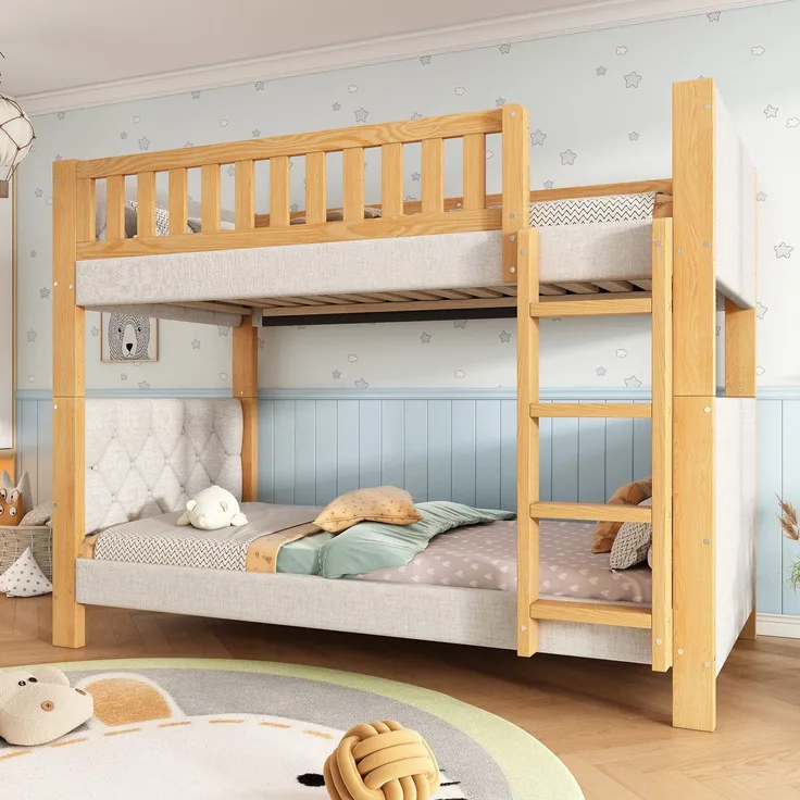 Etagenbett mit 2 Schlafgelegenheiten, 90x200cm, Kopfteil gepolstert, Kinderbett mit Leiter und Lattenost, Massivholz
